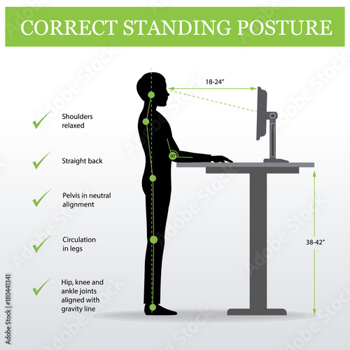 ergonomic. Correct standing posture on height adjustable desk or table sitting and standing pose of a man. Healthy sitting pose
