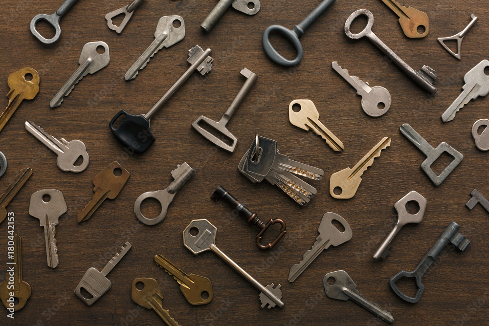 Many different keys on wood Many different keys on wood