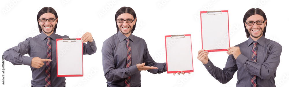 Young businessman with paper isolated on white Young businessman with paper isolated on white