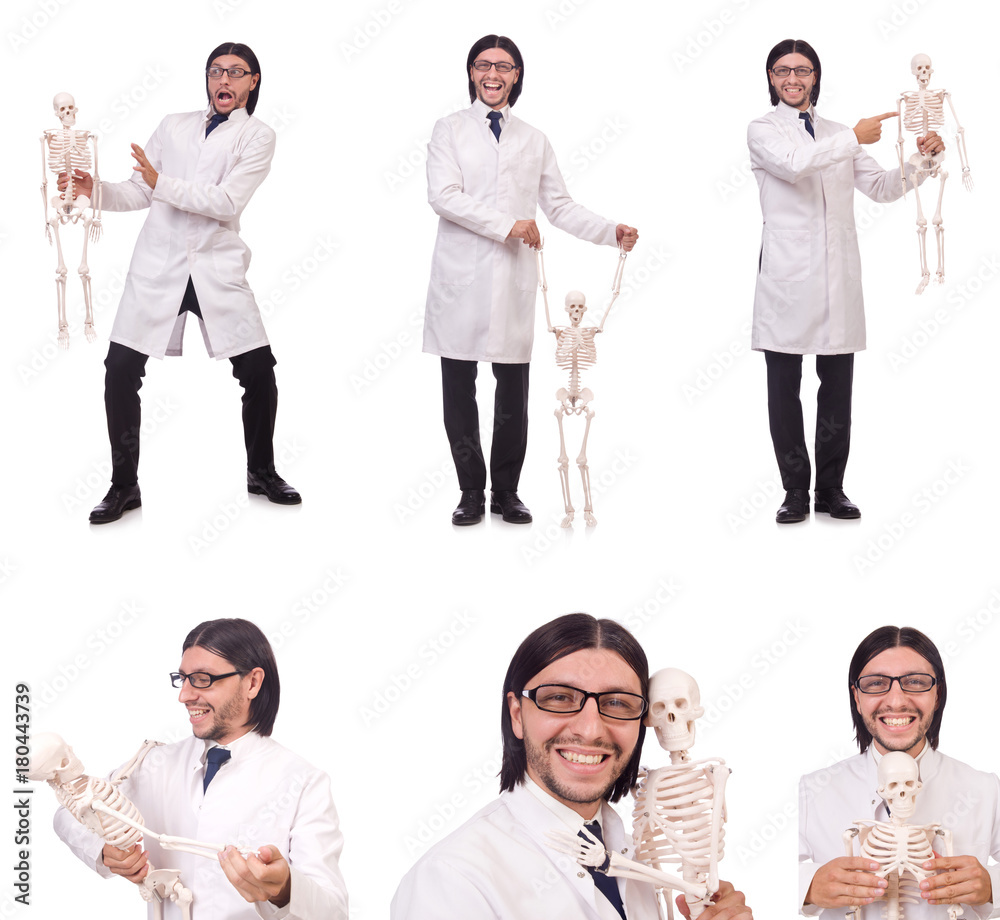 Funny teacher with skeleton isolated on white Funny teacher with skeleton isolated on white