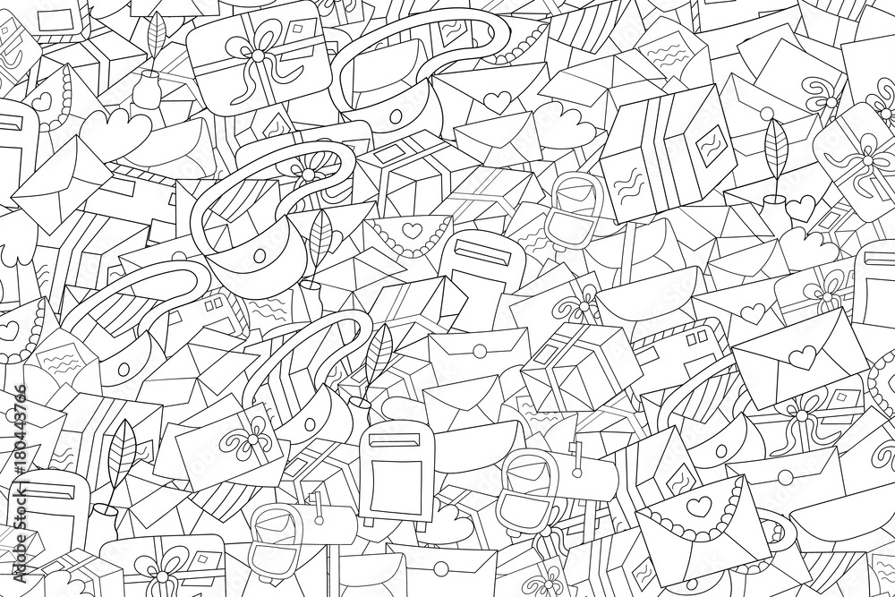 Post and mail delivery concept. Cartoon doodle background design. Hand drawn black and white outline coloring page