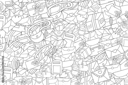 Post and mail delivery concept. Cartoon doodle background design. Hand drawn black and white outline coloring page