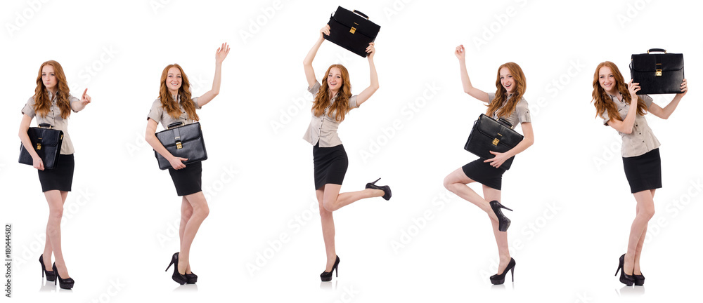 Pretty young employee with briefcase isolated on white