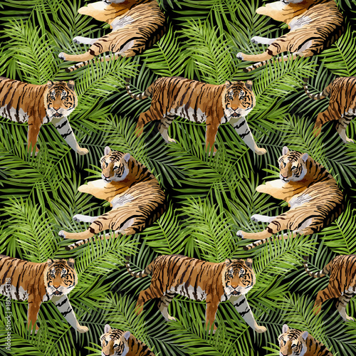 Tigers in Tropical Flowers and Palm Leaves Background, Seamless Pattern in vector
