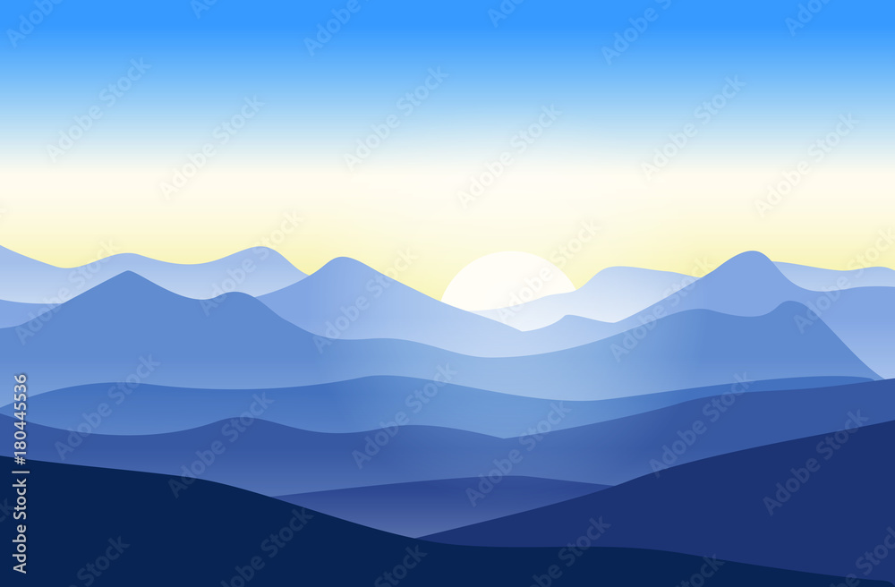 Beautiful mountains landscape at sunrise. Vector illustration in blue. Nature background.