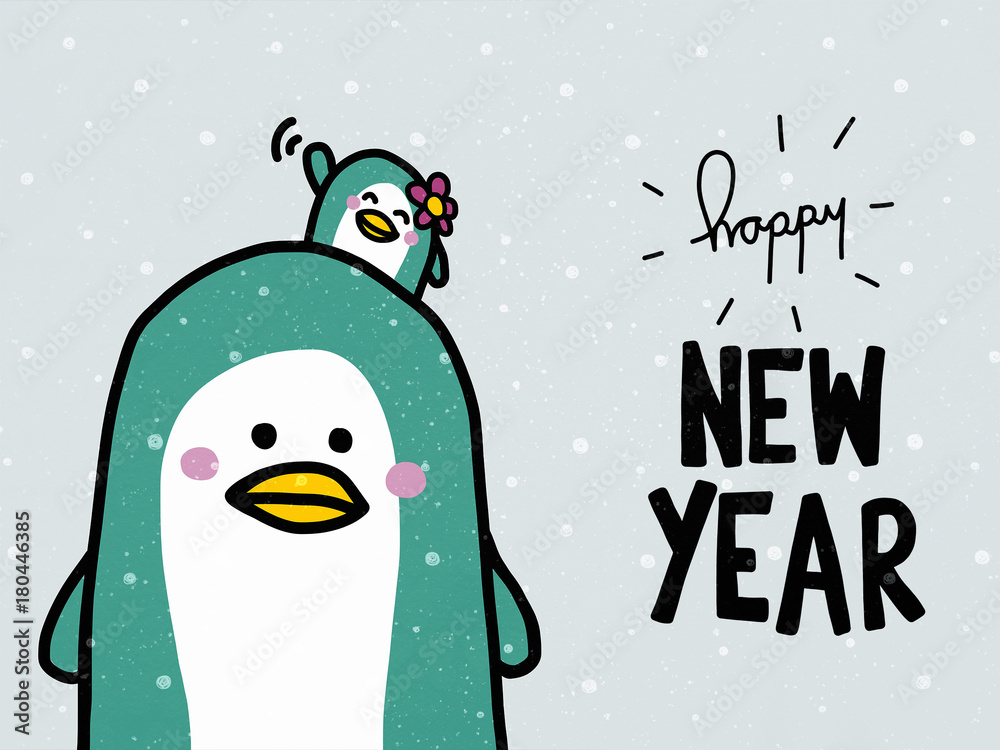 Fototapeta premium Happy New Year word and cute couple penguin lover cartoon illustration doodle style