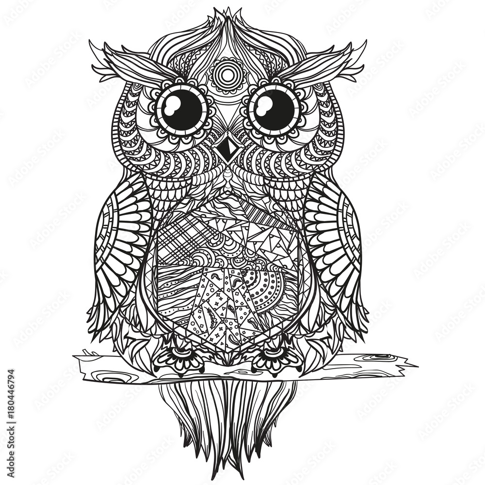 Obraz premium Owl. Design Zentangle. Detailed hand drawn vintage owl with abstract patterns on isolation background. Design for spiritual relaxation for adults. Outline for tattoo, printing on t-shirts, posters