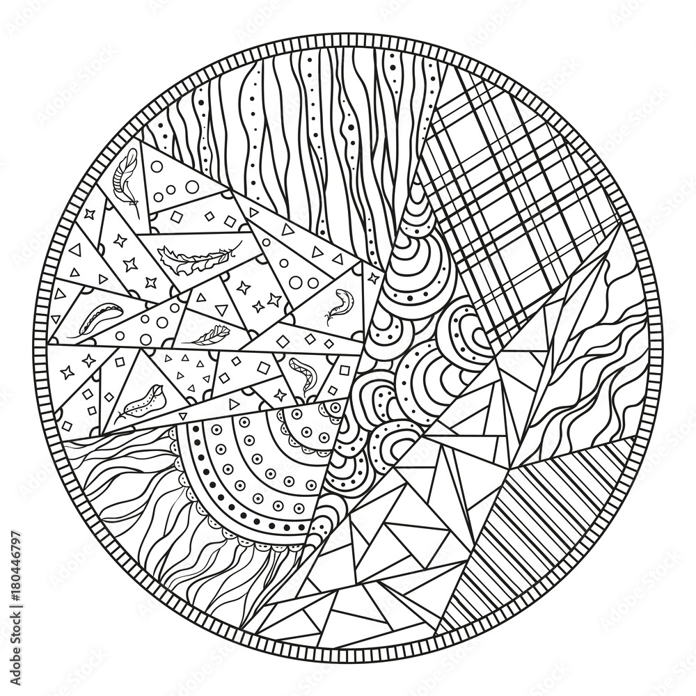 Mandala. Zentangle. Hand drawn circle zendala with abstract patterns on isolation background. Design for spiritual relaxation for adults. Line art creation. Black and white illustration for coloring.