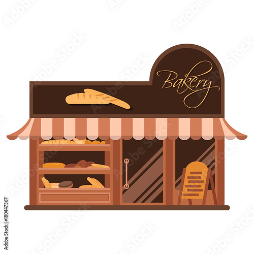 Bakery facade. Showcase with sweets. Cakes and bread. Flat vector.