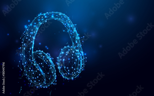 Headphone from lines and triangles, point connecting network on blue background. Illustration vector