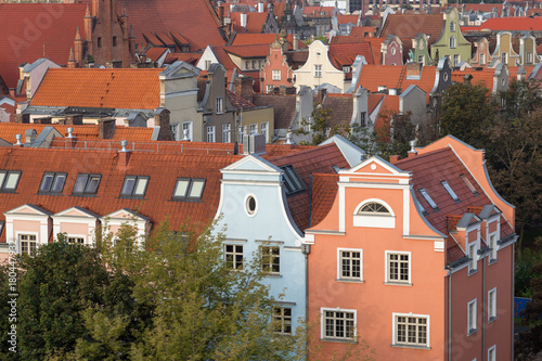 Old residential buildings at the Main Town (Old Town) in Gdansk, Poland, viewed from above in the morning.