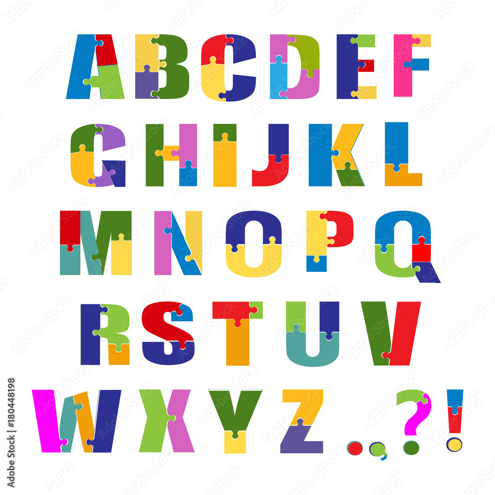 Puzzle font. School children toy alphabet. Isolated on white background. Vector Puzzle font. School children toy alphabet. Isolated on white background. Vector