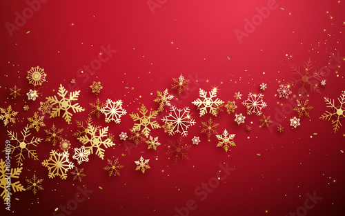 Merry Christmas and Happy new year. Abstract gold snowflakes on red background