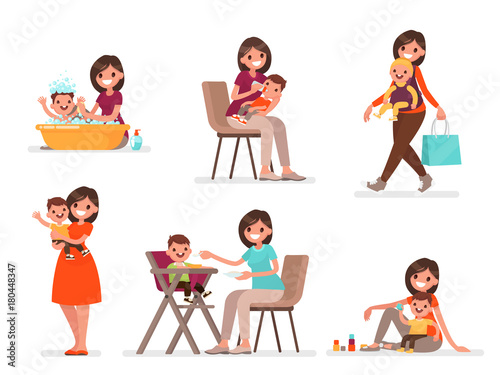 Set of mom and baby. Mother feeds, bathes and plays with the child. Vector illustration in a flat style