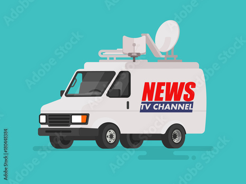 TV News  car with equipment on the roof. Van on isolated background. Vector illustration in a flat style