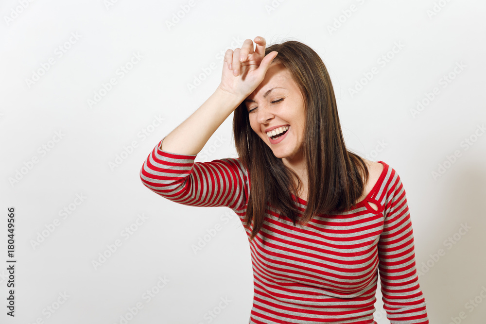 Gorgeous European young happy brown-haired woman with healthy clean skin and charming smile, dressed in casual red and grey clothes, laughing and enjoying on a white background. Emotions concept. Gorgeous European young happy brown-haired woman with healthy clean skin and charming smile, dressed in casual red and grey clothes, laughing and enjoying on a white background. Emotions concept.