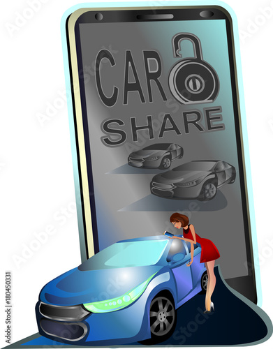Car sharing smartphone application blue auto girl vector illustration isolated