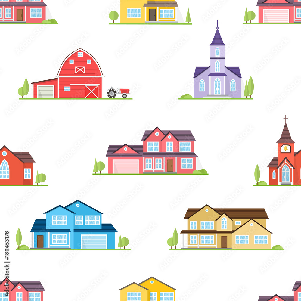 American houses, churches and farm seamless pattern.