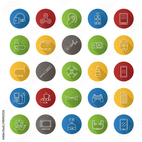 Gagdets flat linear long shadow icons set