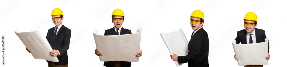 Funny architect with drawings on white Funny architect with drawings on white