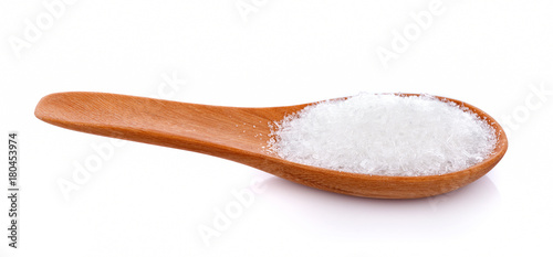 sea salt on wooden spoon isolated on white background