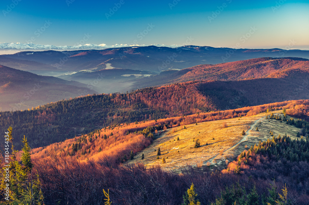 Fototapeta premium panorama over Gorce mountins to snowy Tatra mountains in the morning, Poland landscape