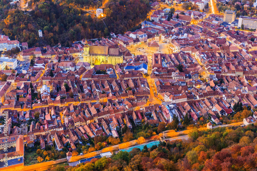 Brasov, Romania. Arial view of the Black Church and the Old Town.