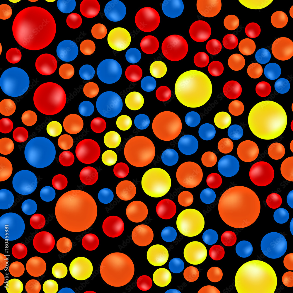 Bright multicolored balls on a black background. Beautiful abstract seamless backdrop. Vector illustration.