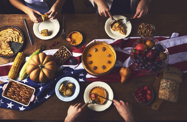 High angle view of table served for thanksgiving dinner with family