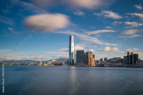 Hong Kong City skyline at sunrise. View from across central district Hongkong.