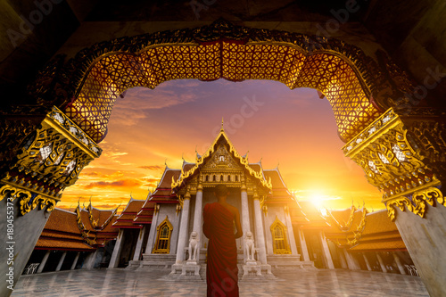 Sunrise sence of The Marble Temple, Wat Benchamabophit Dusitvanaram is a Buddhist temple in the Dusit district of Bangkok, Thailand. photo