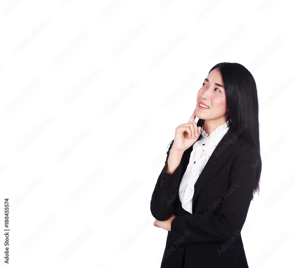 business woman smiling and thinking isolated on white background business woman smiling and thinking isolated on white background