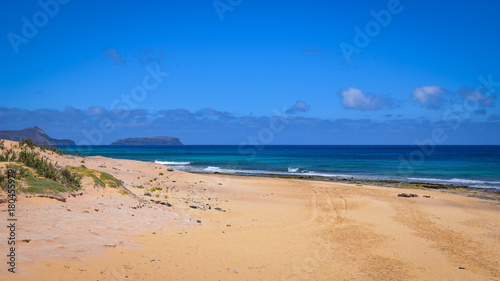 Golden sand beach and turquoise Atlantic Ocean at Porto Santo Island  Portugal