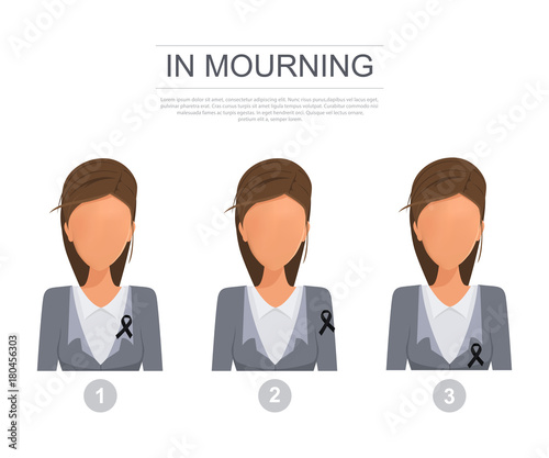 Woman with mourning ribbon character. Black ribbon on gray clothes.