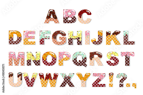 Candy sweet chocolate font. Ice cream alphabet. Wafer letters. Vector