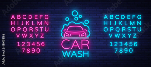 Car wash logo vector design in neon style vector illustration isolated. Template, concept, luminous signboard icon on a car wash theme. Luminous banner. Editing text neon sign. Neon alphabet