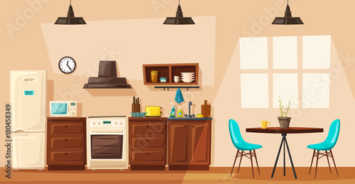 Kitchen interior with furniture. Cartoon vector illustration