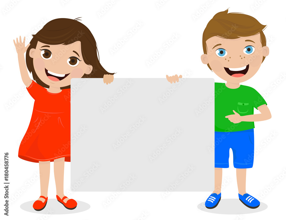Boy and girl on white background smiling and holding a blank template for your text. Colorful vector illustration. Boy and girl on white background smiling and holding a blank template for your text. Colorful vector illustration.