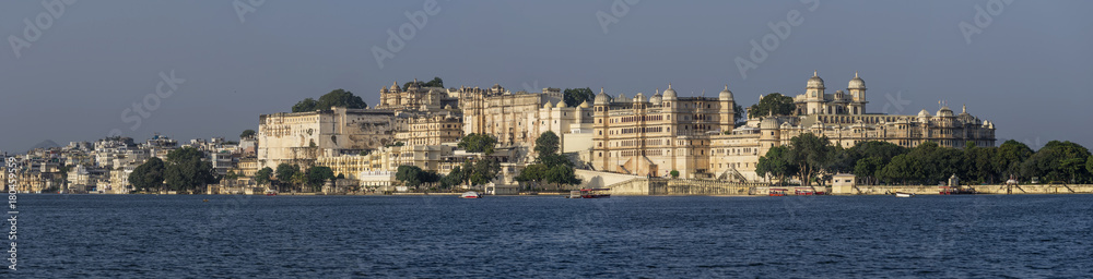 Panoramic view of Udaipur from Lake Pichola, Rajasthan, India