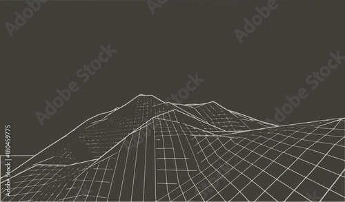 Vector illustration of a three-dimensional wireframe landscape on a black background.