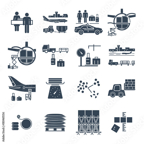 set of black icons baggage, luggage, transportation