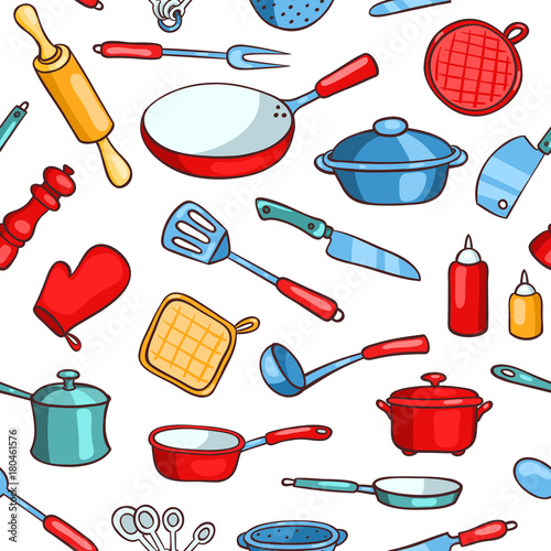 Seamless pattern cartoon kitchen ware