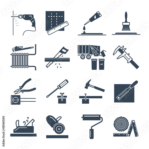 set of black icons home repair, construction, renovation, tool