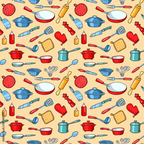 Yellow seamless pattern cartoon kitchen ware