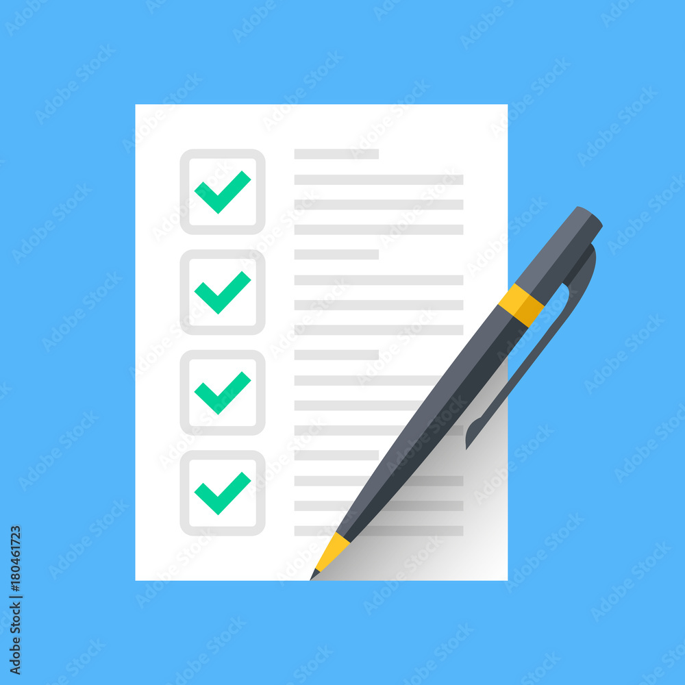 Checklist and pen. Document with green ticks checkmarks and pen. Checklist icon, application form, complete tasks, to-do list, survey concepts. Modern flat desgin graphic elements. Vector icon Checklist and pen. Document with green ticks checkmarks and pen. Checklist icon, application form, complete tasks, to-do list, survey concepts. Modern flat desgin graphic elements. Vector icon