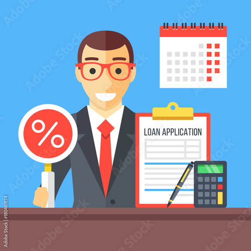 Loan application interview. Man in suit with magnifying glass and percentage sign, loan application document clipboard, calculator, pen and wall calendar. Modern flat design vector illustration