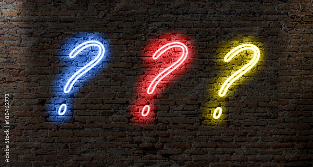 Photo & Art Print neon light question marks on a dark brick wall ...