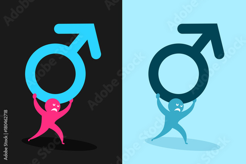 Problems, trouble, failures and difficulties connected with weak men. Effeminate male is feminized and unmanly. Negative change of sexual and gender role - loss of masculinity. Vector illustration photo