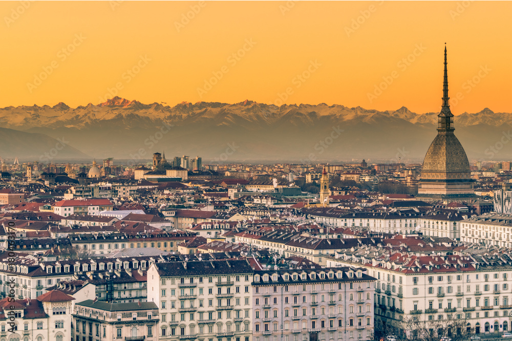 panorama of the city of turin from above at sunset