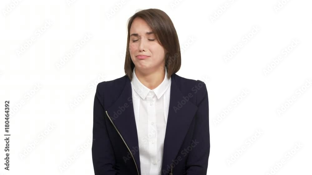 portrait of female worker with business-like style looking at something disgusting awful feeling bad going to vomit, throw up, puke, need fresh air standing over white background. Concept of emotions portrait of female worker with business-like style looking at something disgusting awful feeling bad going to vomit, throw up, puke, need fresh air standing over white background. Concept of emotions